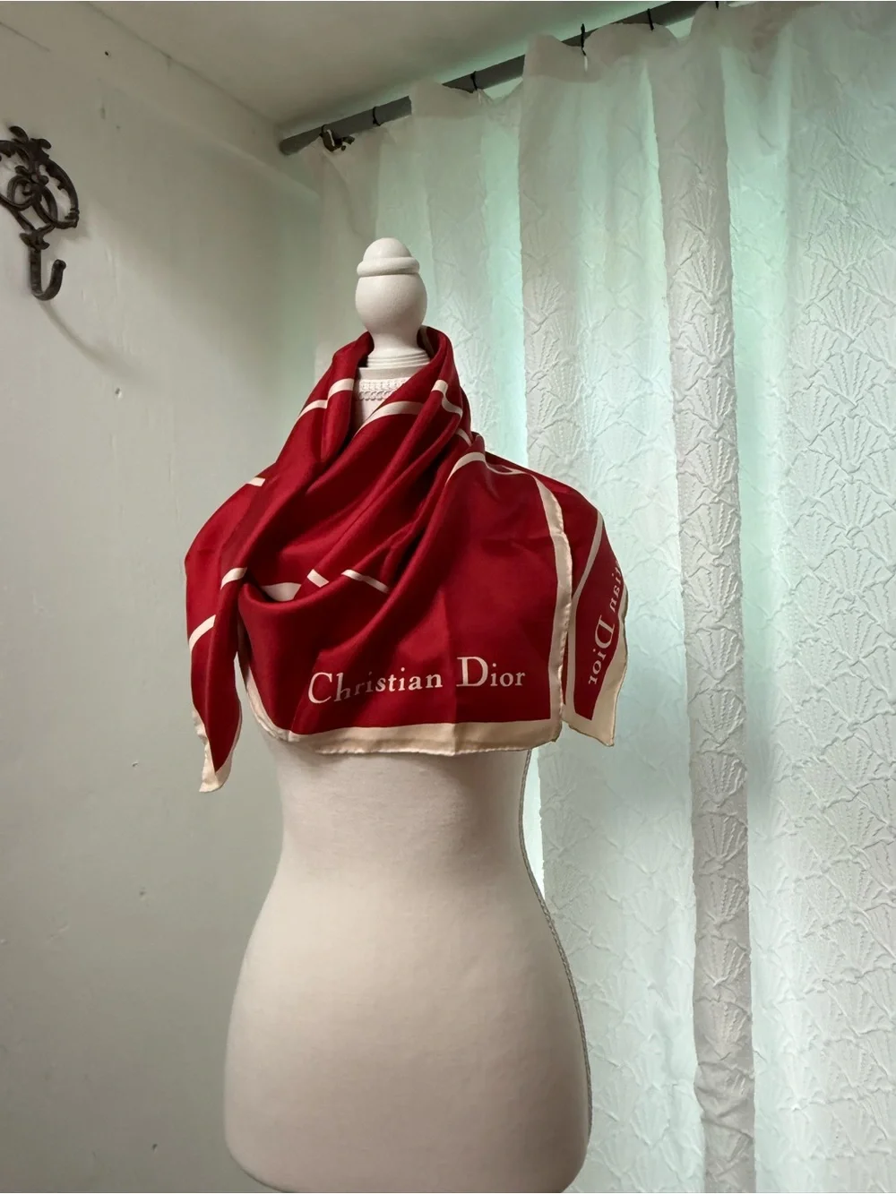 Dior Red and Cream Silk Scarf Wrap